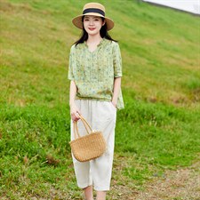 苎麻文艺风2026年春季女短袖宽松薄，女装衬衫，江南依恋