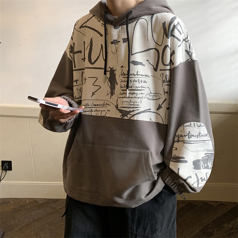 特P50高品质纯棉2026春秋冬拼接复古连帽卫衣男潮流上衣XW221,男装卫衣,电商B370
