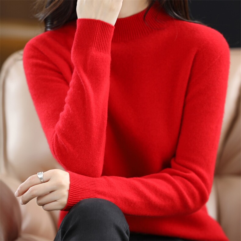 简约气质卷边半高领纯羊毛衫秋冬女修身黄毛衣百搭针织打底羊绒衫图片