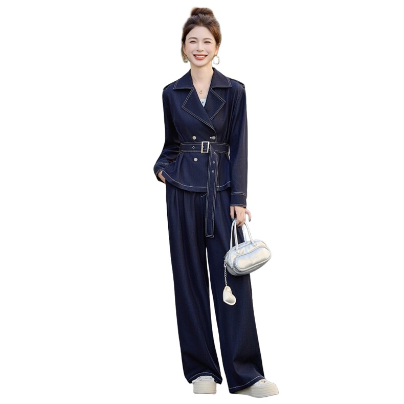 （新款现货）2026春装时尚双排扣肩章天丝牛仔阔腿裤套装(配腰带,女装套装/套裙,印象茜