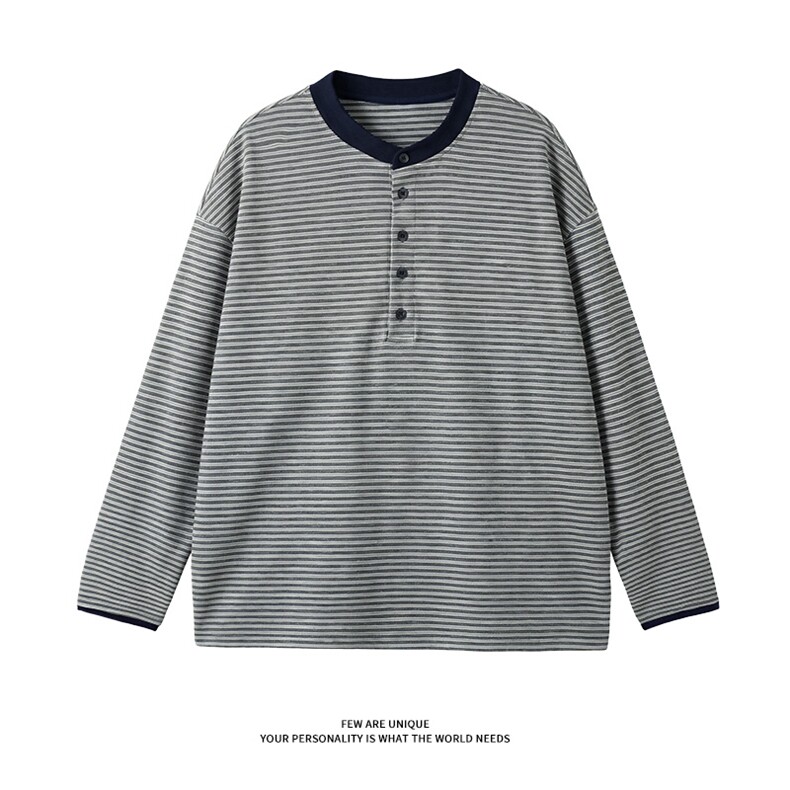 春季休闲长袖T恤撞色细条纹宽松半开亨利领男女C61328-TP3569,男装T恤,电商A102