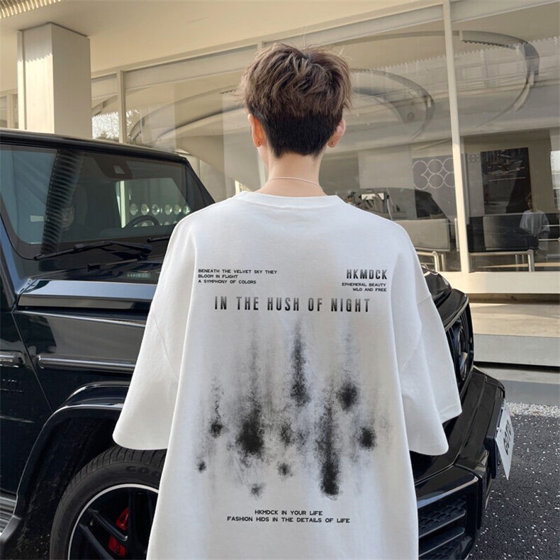 图案已注册夏季流星印花宽松短袖T恤男潮重磅半袖体恤衫D096/P25,男装T恤,电商B209