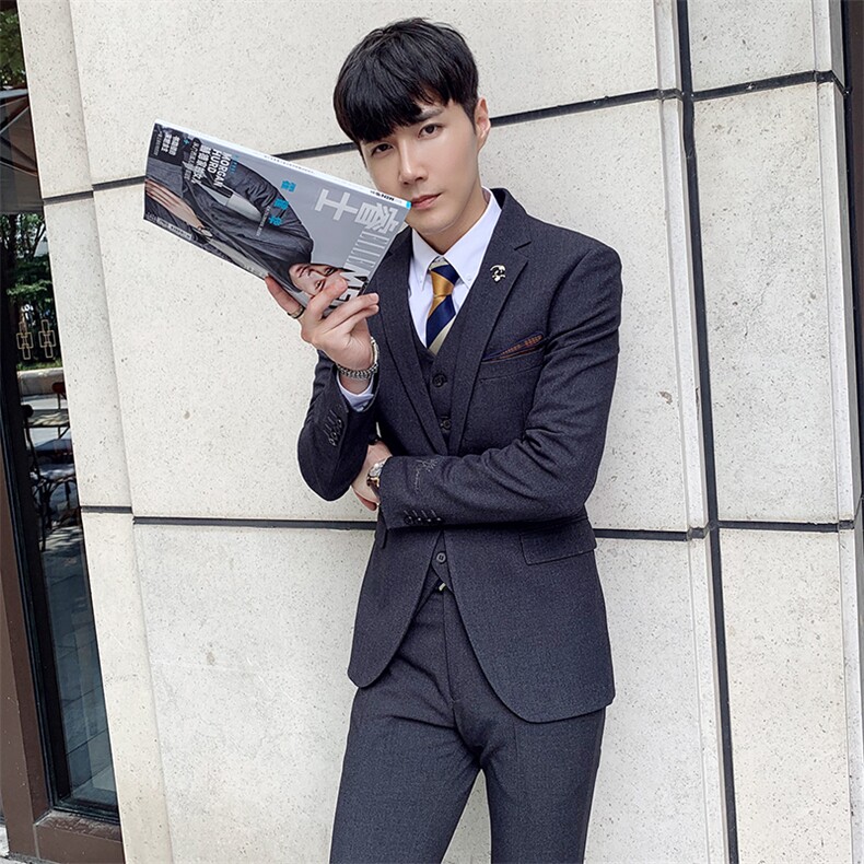 秋冬韩模男刺绣英伦西服套装纯色礼服西装三件套 A470-TZ17图片