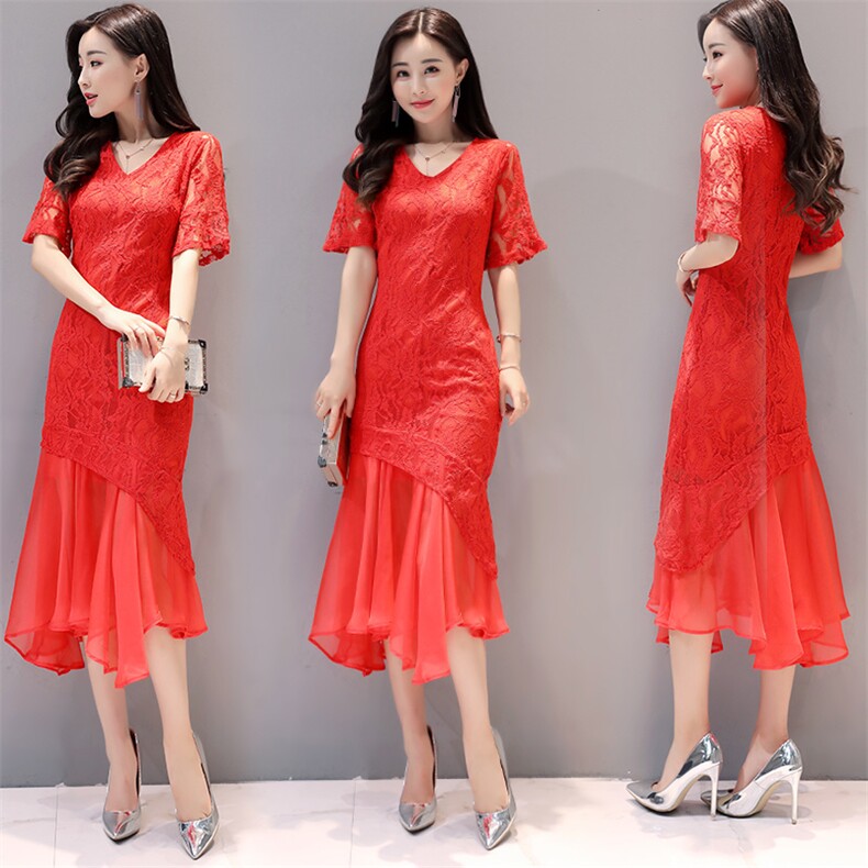 2022夏季新款优雅蕾丝中腰长裙修身显瘦气质红色连衣裙，女装连衣裙，时尚俏佳人