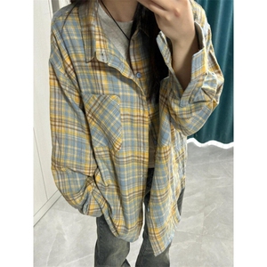 新款休闲百搭宽松衬衫上衣美式复古拼色格子外套男女 CYC21图片