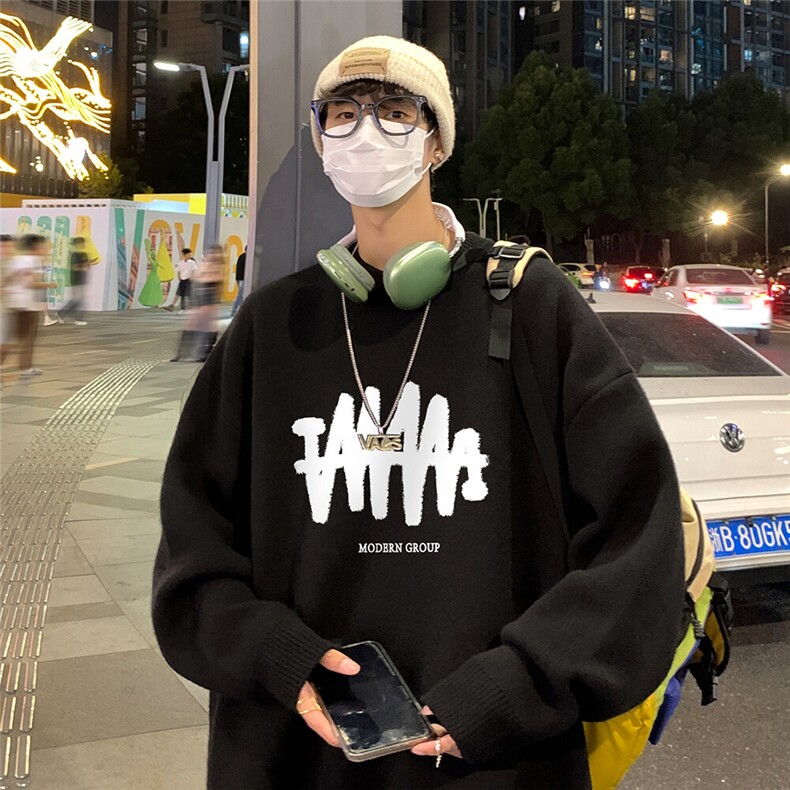 特批港风夜景个性线条印花宽松时尚圆领毛衣TPM6849P45控78,男装针织衫/毛衣,电商A247