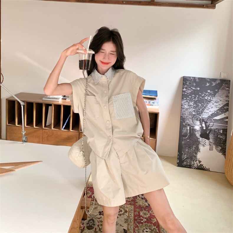 条纹拼接衬衫短裤套装女夏2025新款两件套小个子ootd穿搭大方得体,女装套装/套裙,2D146