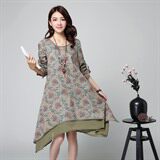 优雅复古印花长袖连衣裙宽松显瘦不规则下摆设计，女装连衣裙，丽影随形