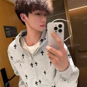 美式复古满印连帽卫衣男秋冬季宽松韩系小众潮牌外套W8071加绒P66图片