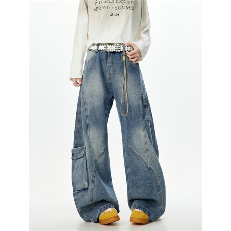 W11127-P55网图现货潮牌美式解构阔腿水洗牛仔裤复古宽松长裤，男装牛仔裤，星座1608