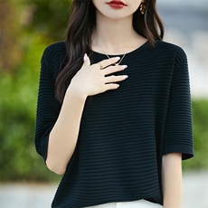 清仓捡漏~夏季新款圆领冰丝短袖宽松慵懒风羊毛短袖女薄款T恤中袖，女装针织衫/毛衣，佳绒包芯纱店