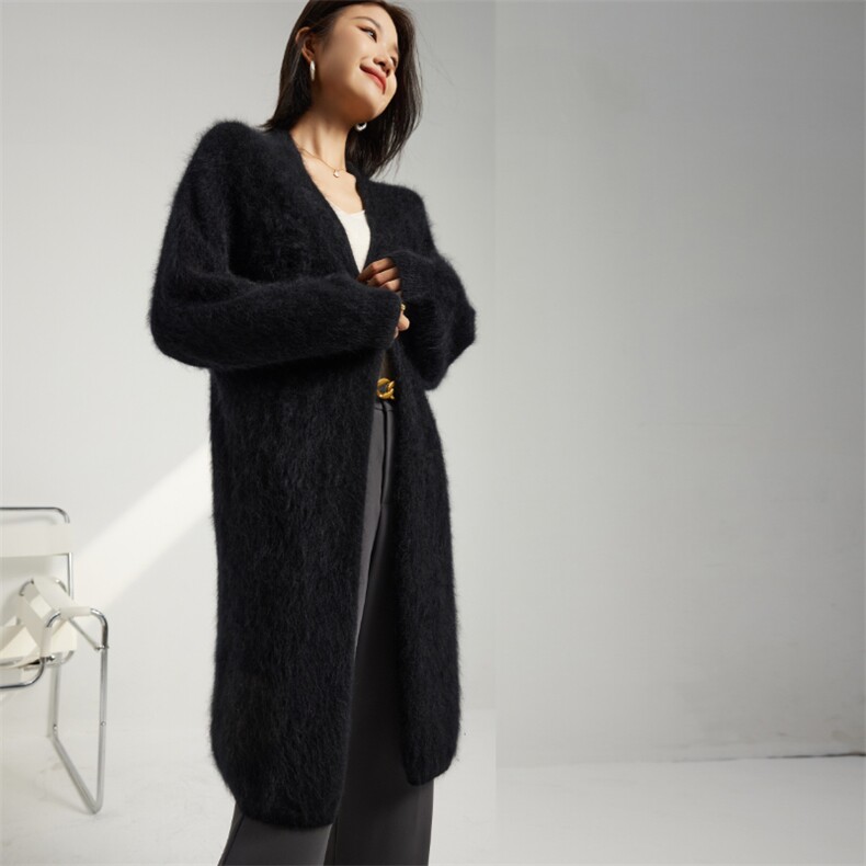 秋冬季羊绒休闲百搭时尚拉绒简约慵懒长开衫，女装羊绒衫，英集羊绒