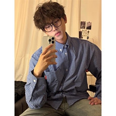 高级蓝色格子衬衫男秋美式慵懒风翻领长袖衬衣休闲宽松上衣C14p35，男装衬衫，电商D315