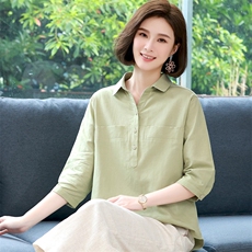 棉麻衬衫女短袖韩版显瘦大码前短后长遮肚子衬衣夏季亚麻上衣女，女装衬衫，希欧阁
