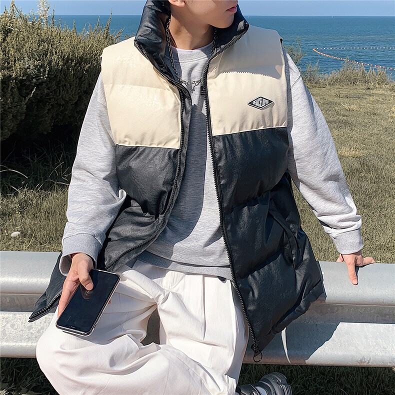 2026秋冬装羽绒棉马甲男加厚拼色立领PU皮坎肩MJ17588/P85杏色2,女装马甲,电商A094