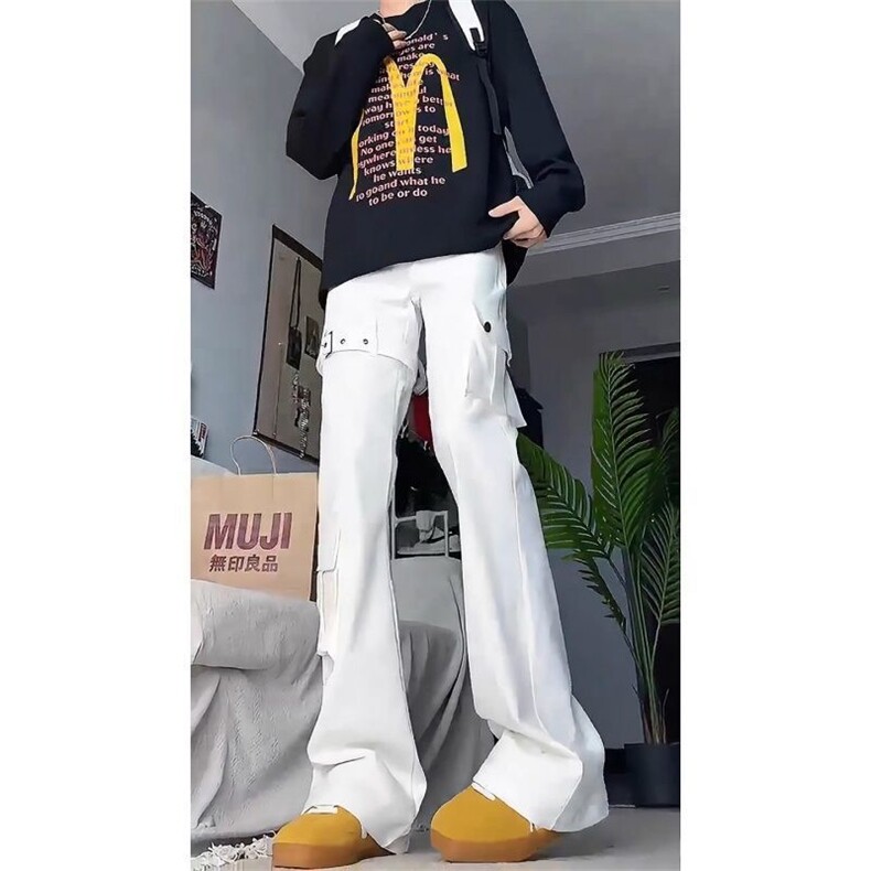 1506-1/K21251/P51白色绑带微喇工装牛仔裤男秋冬设计感美式痞帅,男装牛仔裤,星座1506-1