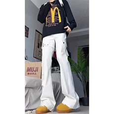 1506-1/K21251/P51白色绑带微喇工装牛仔裤男秋冬设计感美式痞帅，男装牛仔裤，星座1506-1