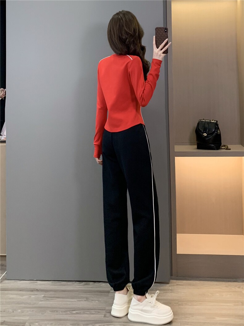 设计感欧货休闲运动套装女秋拉链开衫红色立领上衣束脚长裤两件套,女装套装/套裙,江南