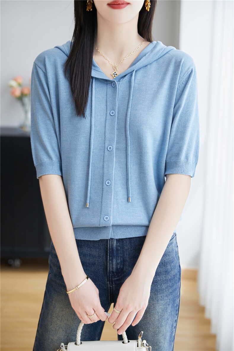 2025夏季新款精纺羊毛帽衫短袖女,女装T恤,晨旭羊绒