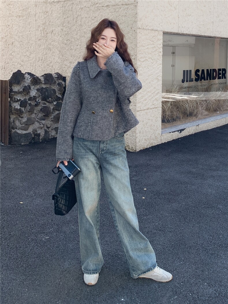 现货主推2025秋冬新款流苏双排扣西装领双面羊毛呢女外套,女装双面呢大衣,丝露依尚（原SL）