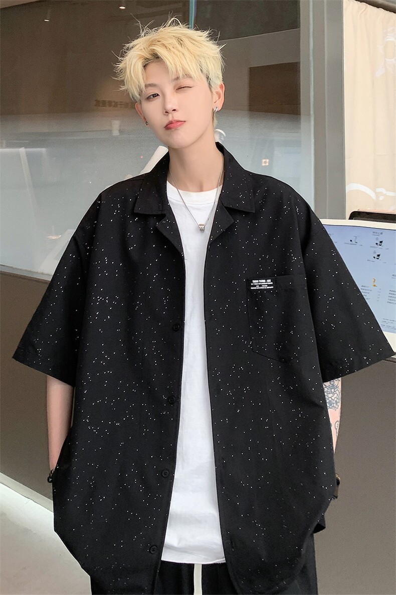 满天星夏季新款衬衣24港风男宽松短袖衬衫夏装半袖薄上衣S309P48,男装T恤,电商A233-1
