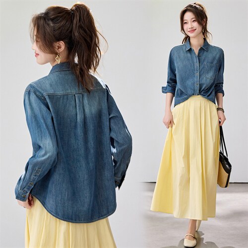 韩系松弛感牛仔衬衫女2026春款叠穿百搭长袖上衣韩版气质内搭外套，女装衬衫，艾米