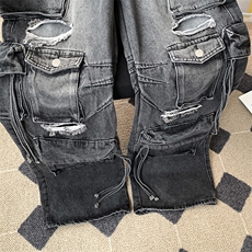 美式高街重工水洗破洞牛仔裤男女春夏直筒多口袋工装裤NK61-P78，男装牛仔裤，星座308B-1