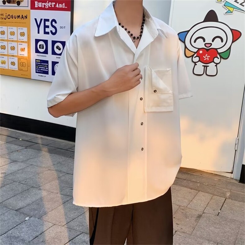 高街立体口袋短袖衬衫夏季个性开衫帅气纯色简约衬衣C681-P38,男装衬衫,星座1109-3