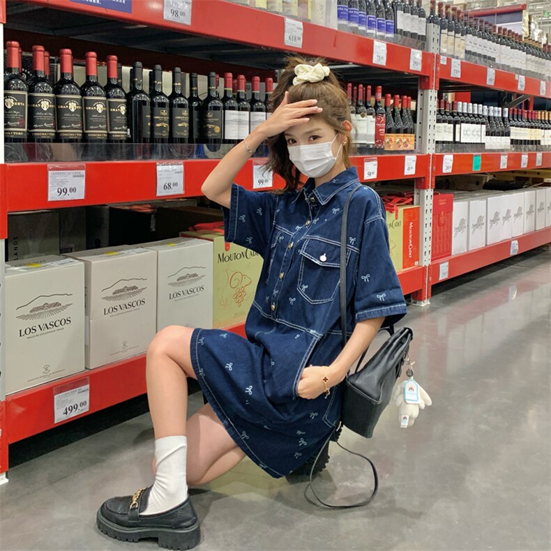 182-8568-P125-K188-设计感蓝色蝴蝶结印花牛仔连衣裙，女装连衣裙，帛香坊