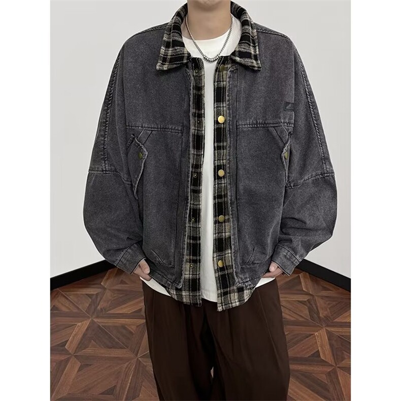 1506-1/Q25830/P92翻领假两件格子牛仔夹克加大码潮牌外套宽松,男装夹克,星座1506