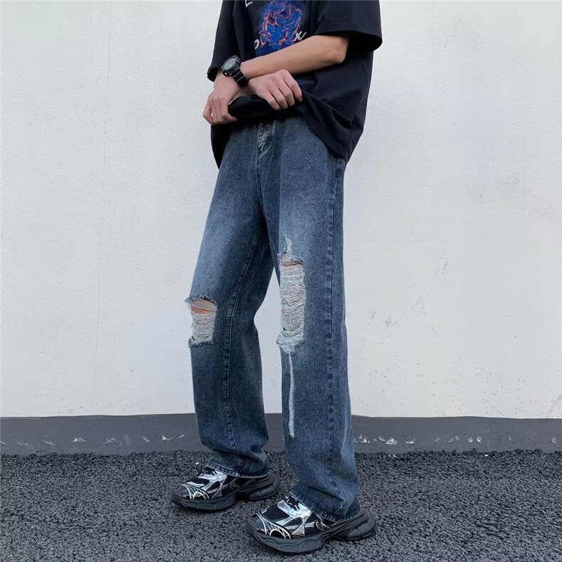 美式街头破洞牛仔裤男直筒宽松欧美高街vibe风长裤子N08034-P45,男装牛仔裤,星座308B-1
