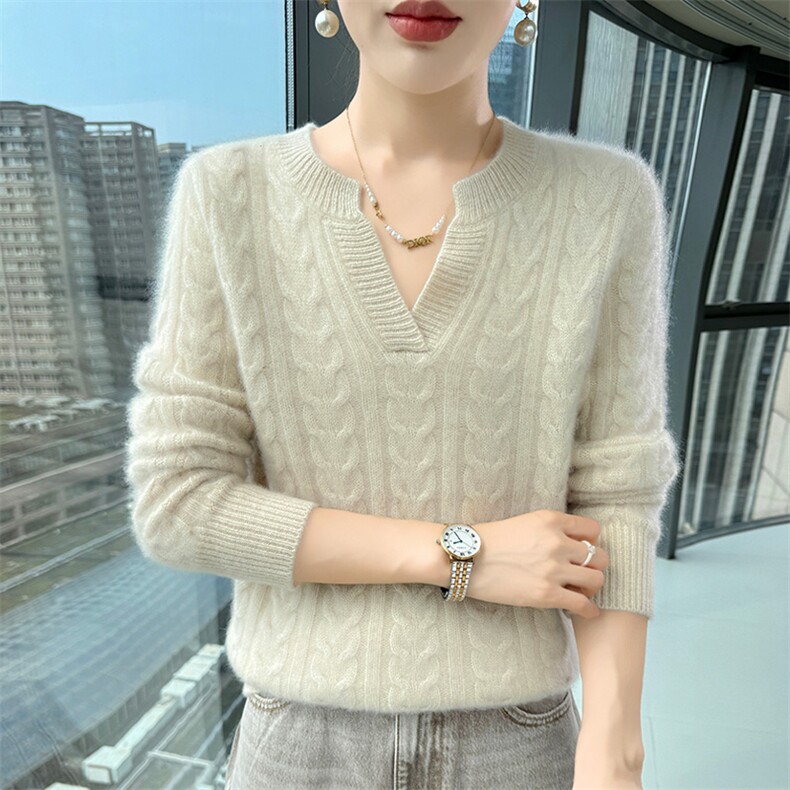 2025舒适百搭v领麻花长袖套头衫羊绒衫，女装羊绒衫，更慕羊绒