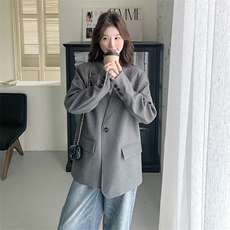 灰色休闲西装外套女2025春季新款韩系高级感宽松显瘦通勤时尚西服，女装西装，秋水欣儿