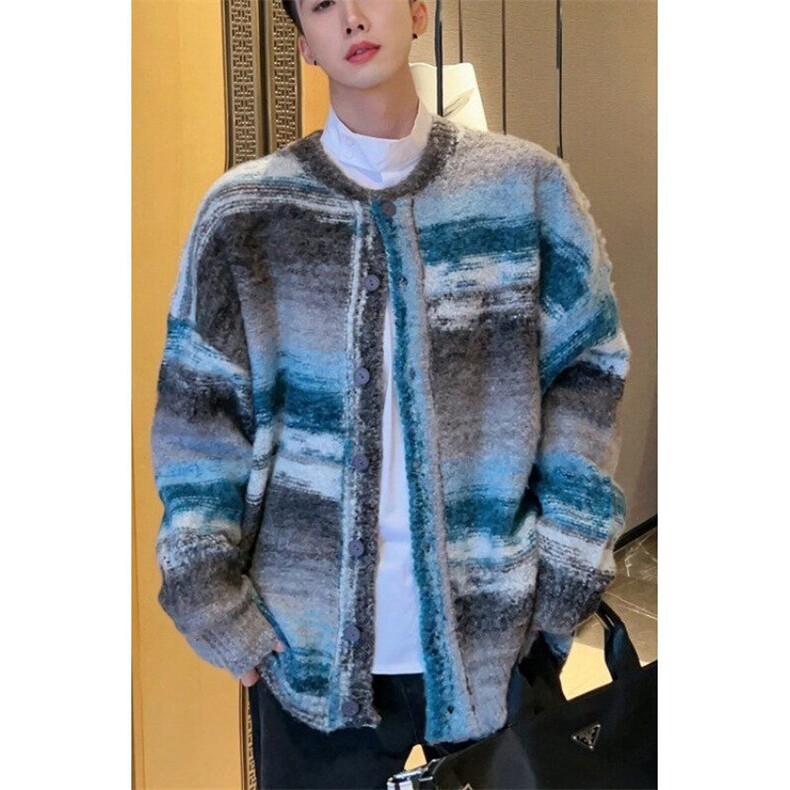 D2340-P60早秋高级感多巴胺渐变开衫毛衣男女油画色纱-网图现货,男装针织衫/毛衣,星座603-2
