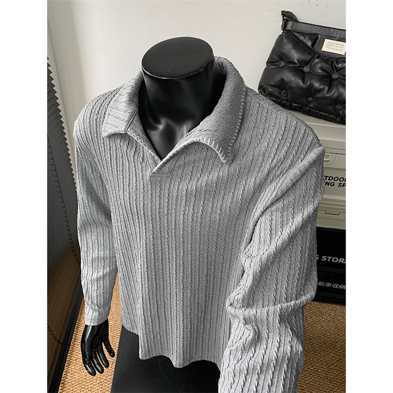 老钱风手缝线麦穗纹肌理感翻领长袖T恤男大码T24524-特P40控78，男装T恤，电商A001-1