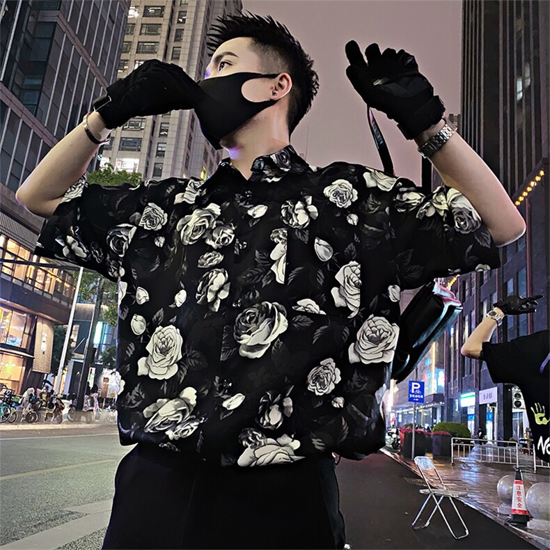 S52/P58控78 夏季社会小伙不规则复古花朵垂感短袖衬衫男黑首1图片