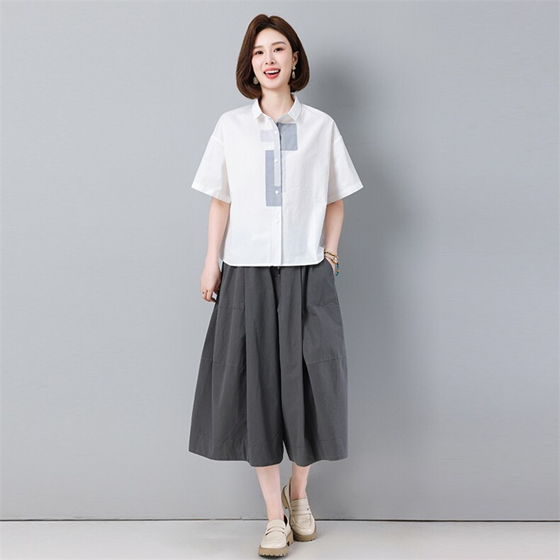 中年妈妈时尚阔腿裙裤套装女夏季2025新款宽松减休闲龄衬衫两件套,女装套装/套裙,秋牧寒烟
