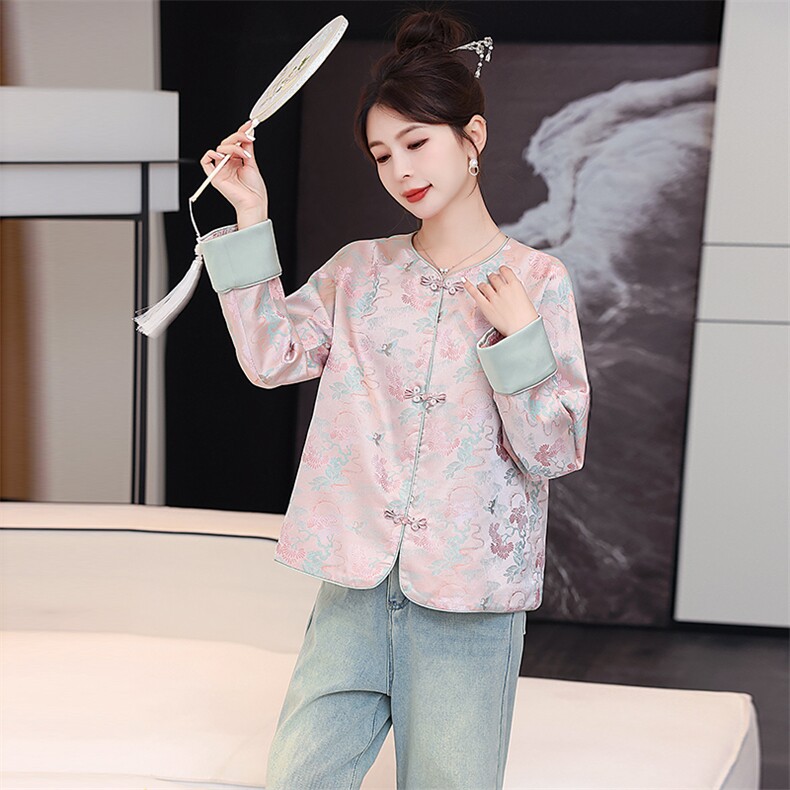闺舍新中式风外套女装2025春秋新款小个子提花复古盘扣唐装上衣,女装短外套,天丽