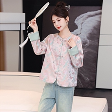 闺舍新中式风外套女装2025春秋新款小个子提花复古盘扣唐装上衣，女装短外套，天丽