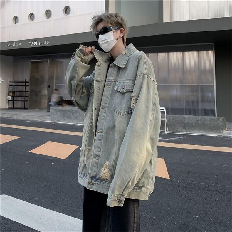 水洗做旧男生痞帅外套美式复古黄泥色牛仔夹克高街情侣牛仔衣褂子,男装夹克,星座601-1