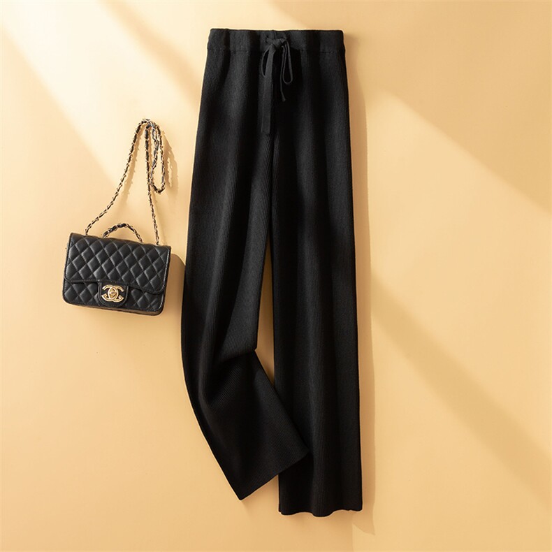 抽条针织阔腿裤女秋冬宽松显瘦高腰垂感网红毛线裤厚实阔脚，女装休闲裤，暖习羊绒