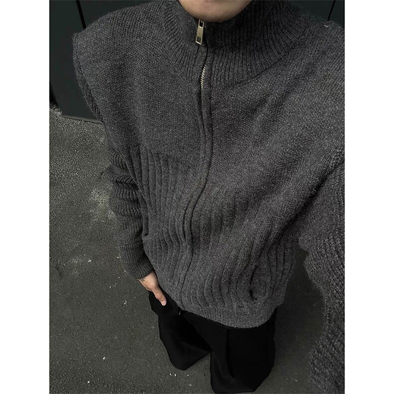 正肩高领拉链开衫毛衣男网图秋冬新款宽松针织衫外套-A2323TP65，男装针织衫/毛衣，电商B241