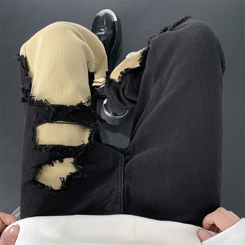 美式街头牛仔裤男春夏hiphop潮牌破洞设计感小众修身直筒大码裤子,男装牛仔裤,电商B221