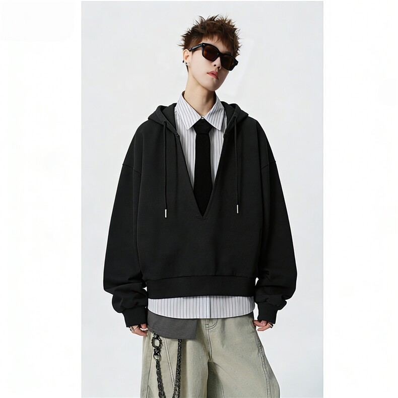 420克重磅假两件V领卫衣男女学院风长袖上衣条纹外套G1181特P68，女装短外套，电商A339