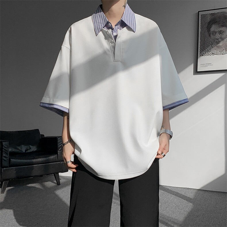 8XL-M假两件衬衫领短袖T恤大码夏季条纹拼接polo衫半袖DX1211/P45,男装T恤,电商B238