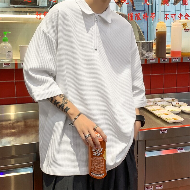 T6075/P25夏季华夫格polo衫T恤男大码宽松纯色简约上衣男装潮图片