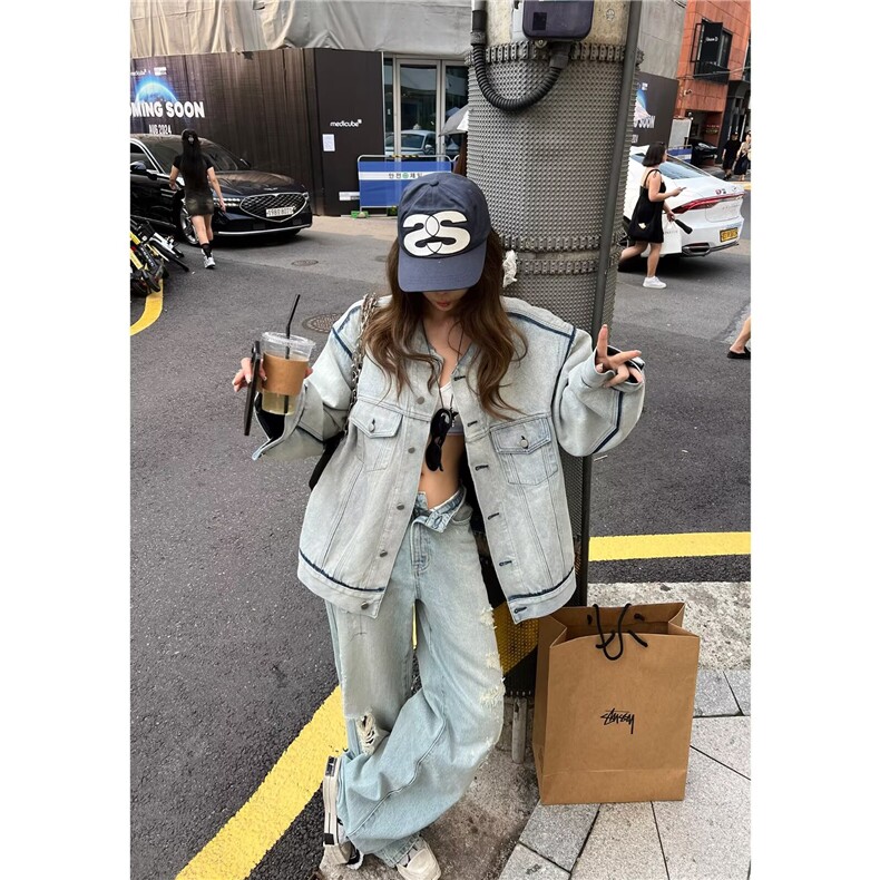 高街vibe牛仔外套女春秋港风chic潮拉链设计感小众夹克HH2567 P72图片