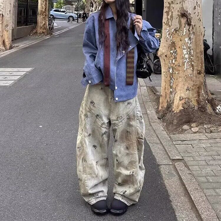 美式复古黄泥染重工脏洗阔腿牛仔裤男女无性别水洗做旧宽松弯刀裤,男装牛仔裤,星座1210-1