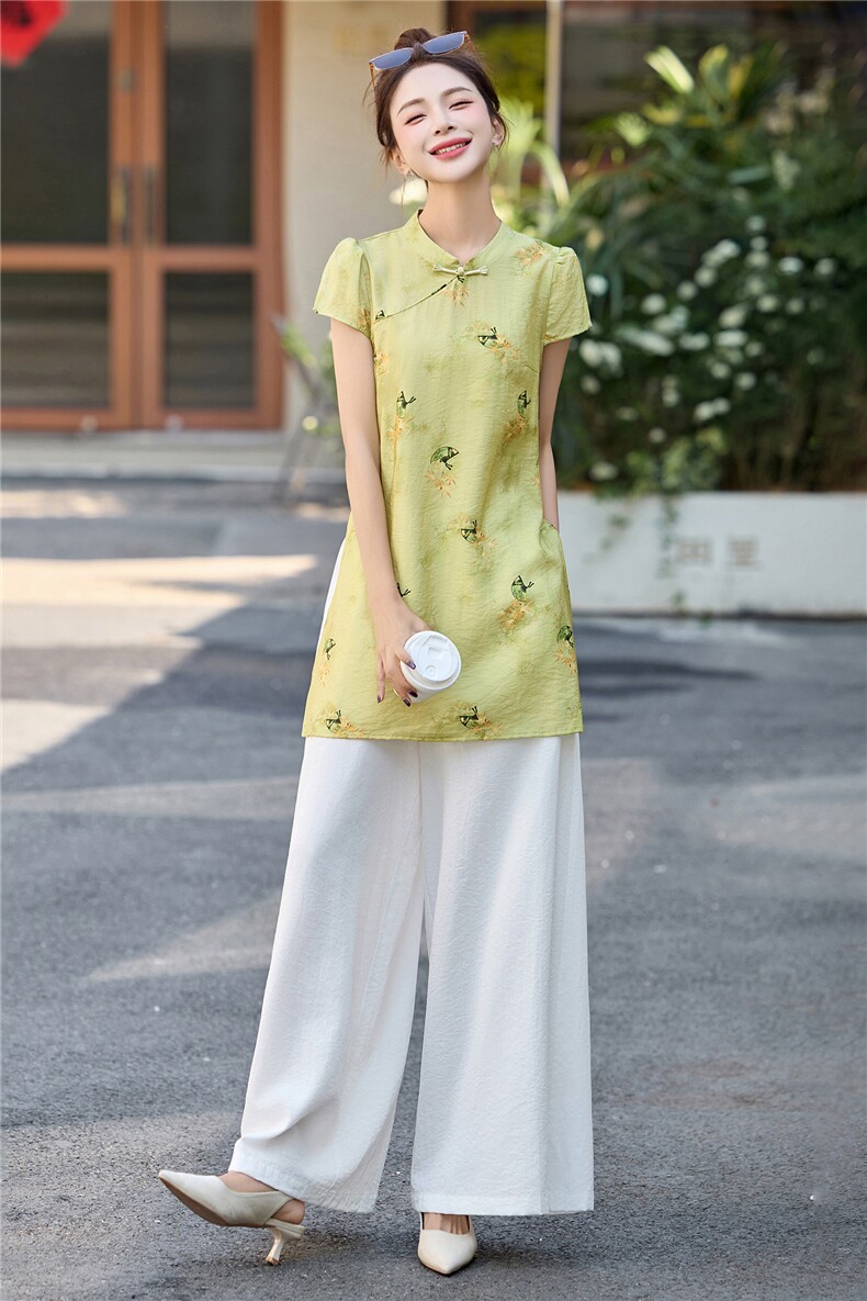 新中式国风绿色印花上衣套装女夏新款高级感别致白色阔腿裤两件套,女装套装/套裙,贵人树