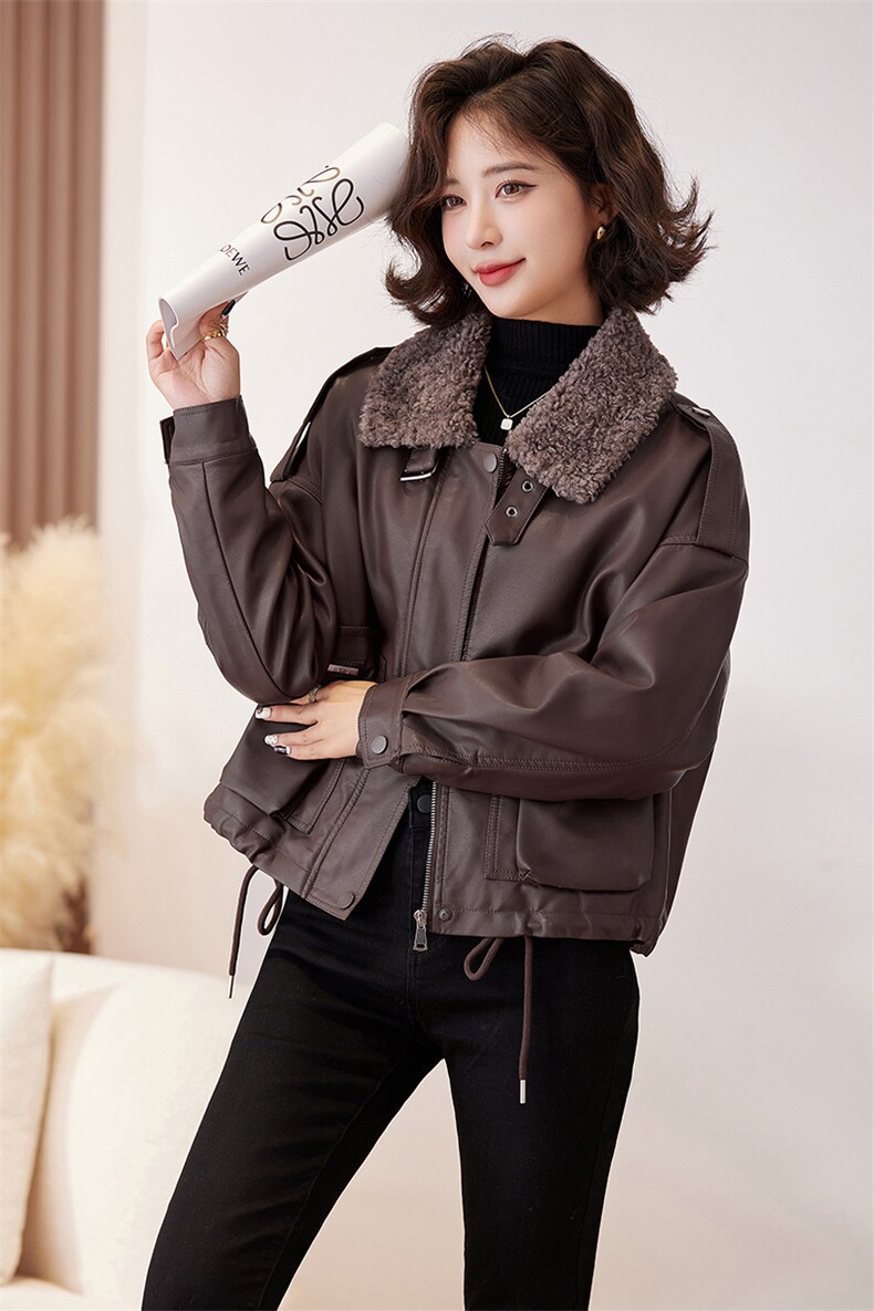 现货简约韩版加绒加厚皮衣外套女2024秋冬新款保暖夹克保暖皮上衣,女装皮衣,江南女神